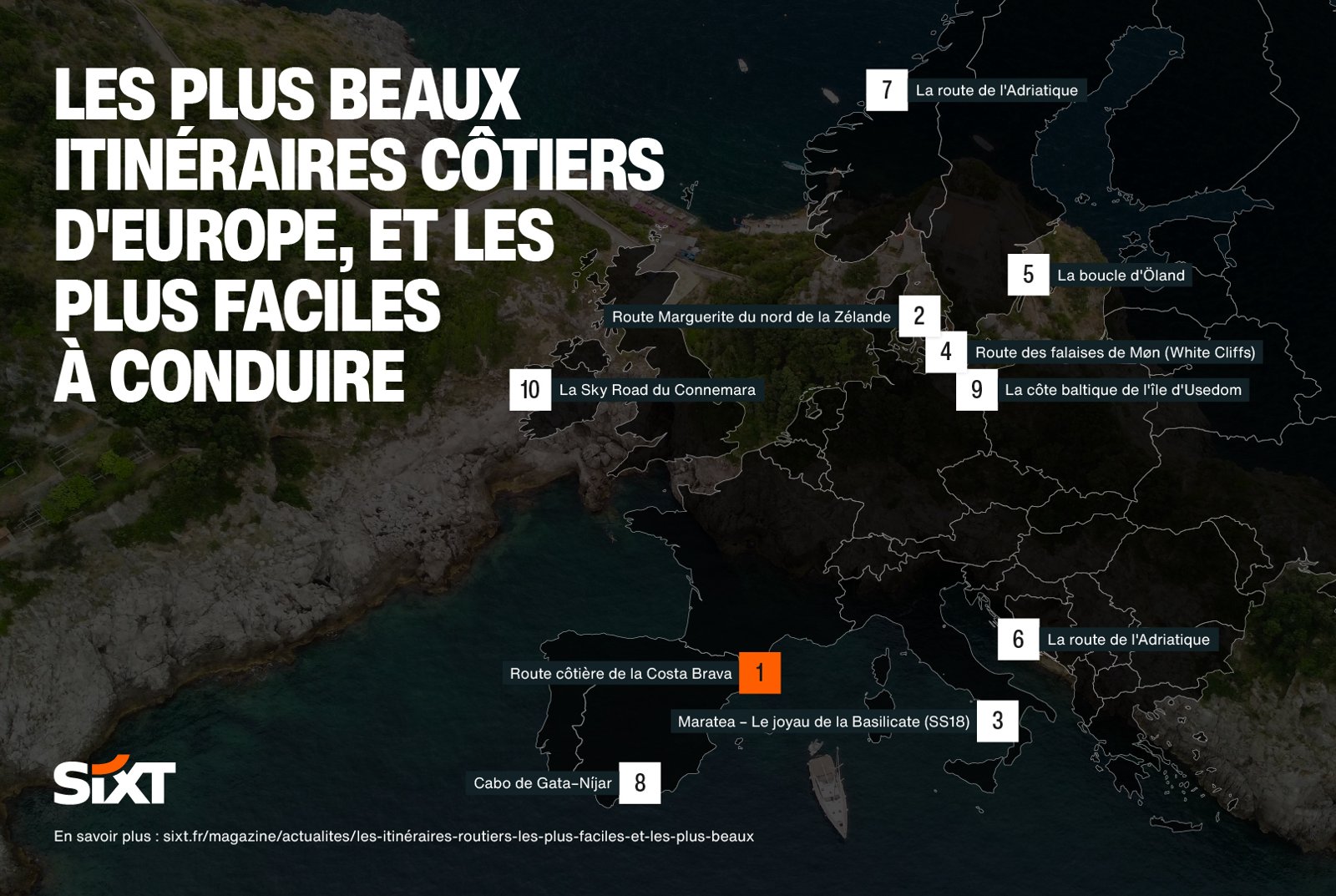 Carte de l'Europe indiquant les plus beaux itinéraires côtiers et les plus faciles à conduire.