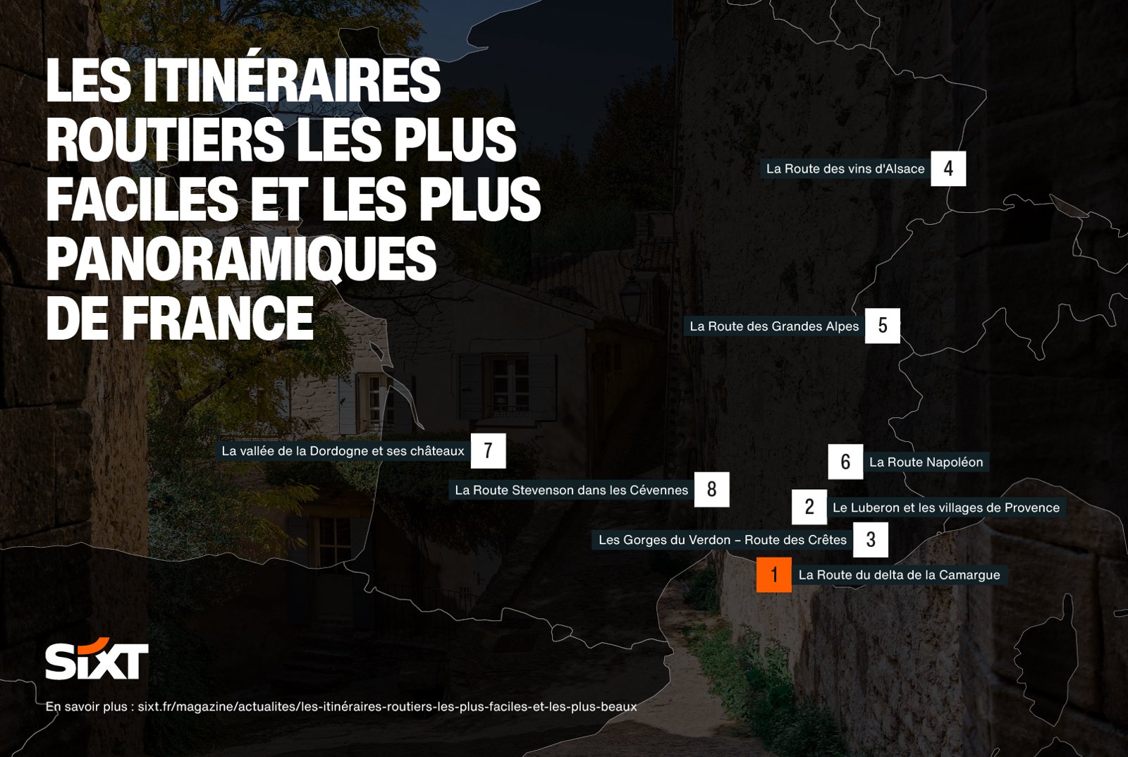 Carte de la France indiquant les itinéraires routiers les plus faciles et les plus panoramiques.