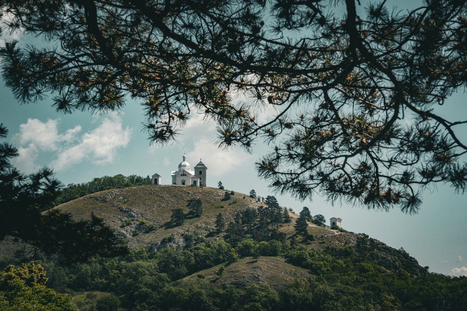 Une chapelle blanche sur une colline, encadrée par des branches d'arbre.